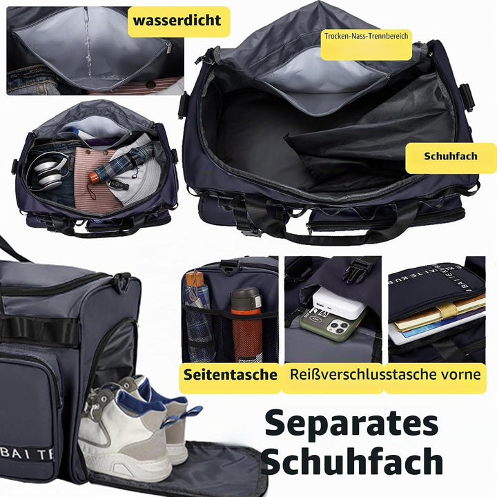 AUNGKWANG Reisetasche Damen Herren, 65L Wasserabweisende Sporttasche, Large Capacity Reise Tasche Gy