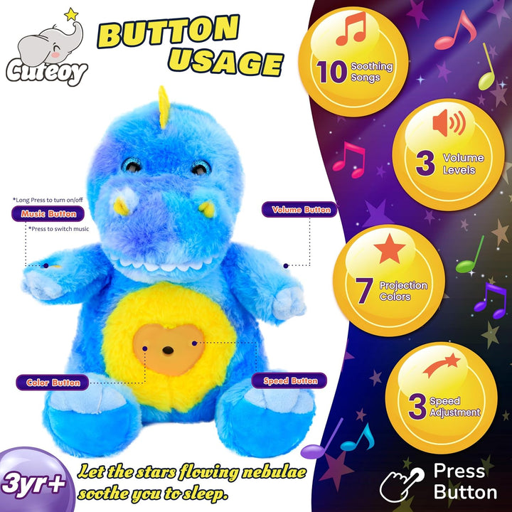 Cuteoy T-Rex Star Projector Dinosaurier Plüsch Nachtlicht Blau Stofftiere Musikalische Schnuller Spi