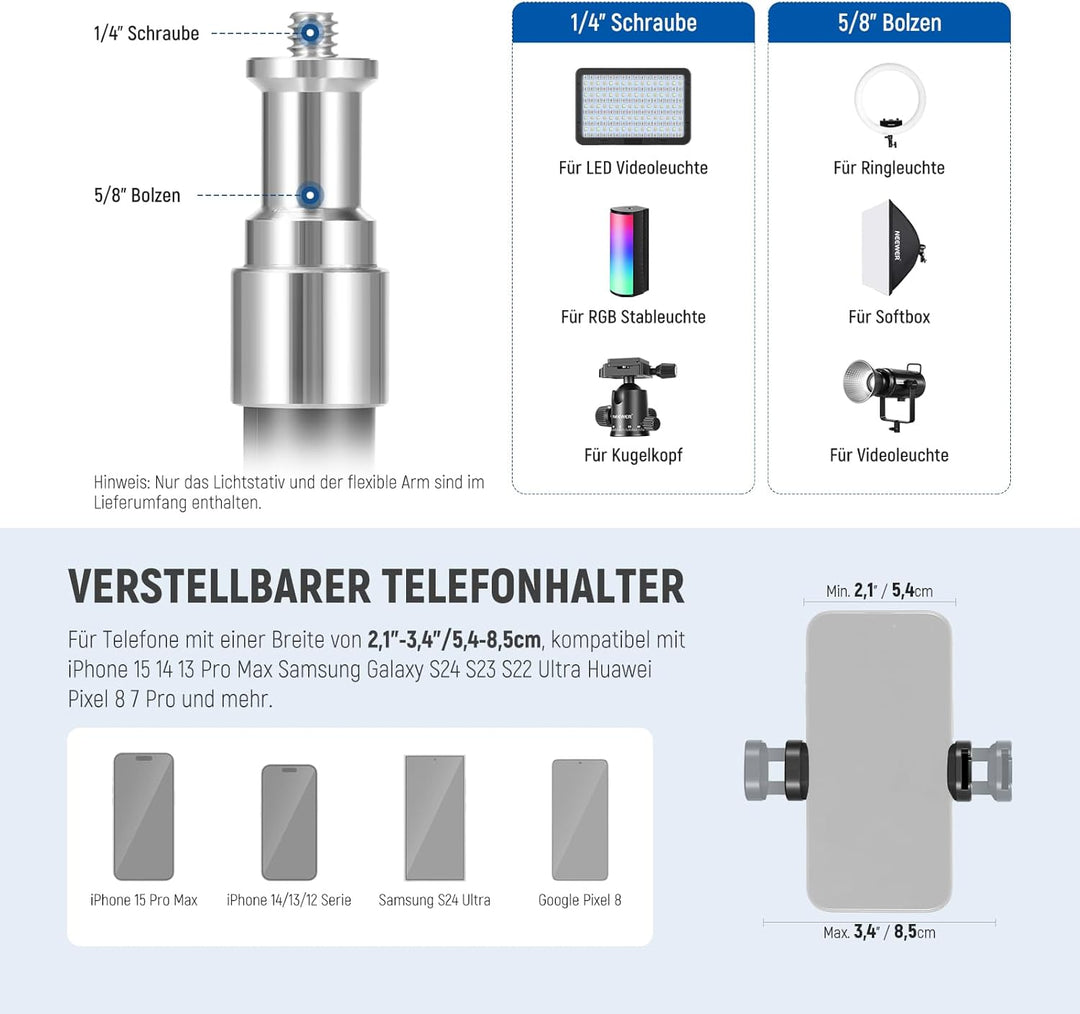 NEEWER 71" Handy Stativ Ständer mit umkehrbaren Beinen, flexiblem Arm, 360° Kugelkopf, Telefonhalter