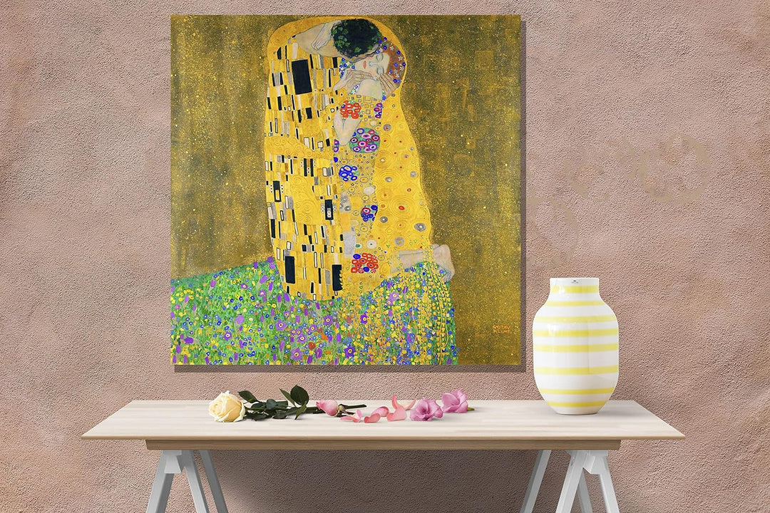 Berühmte Leinwanddrucke "The Kiss" von Gustav Klimt, Ölgemälde, Reproduktion, modern, gerahmt, 76 x