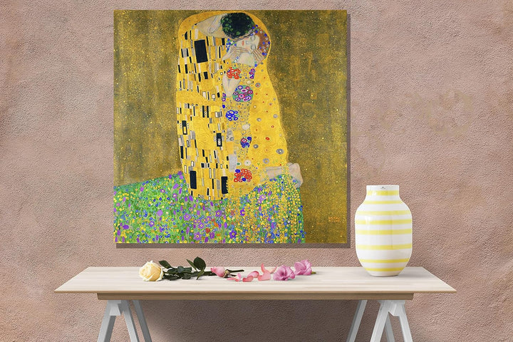 Berühmte Leinwanddrucke "The Kiss" von Gustav Klimt, Ölgemälde, Reproduktion, modern, gerahmt, 76 x