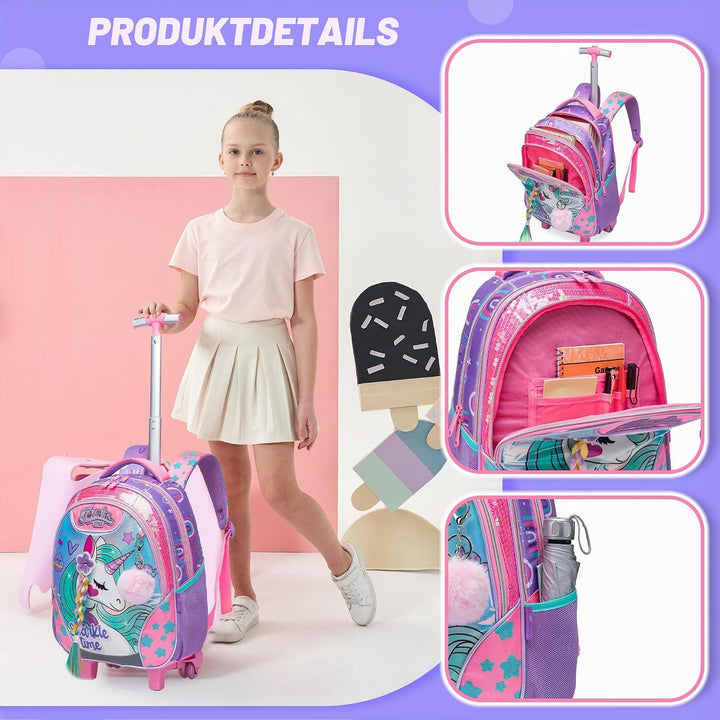 HTgroce Trolley Rucksack Mit Rollen, Federmäppchen, Lunch Tasche 3 in 1 Leicht Rolling Schulranzen f