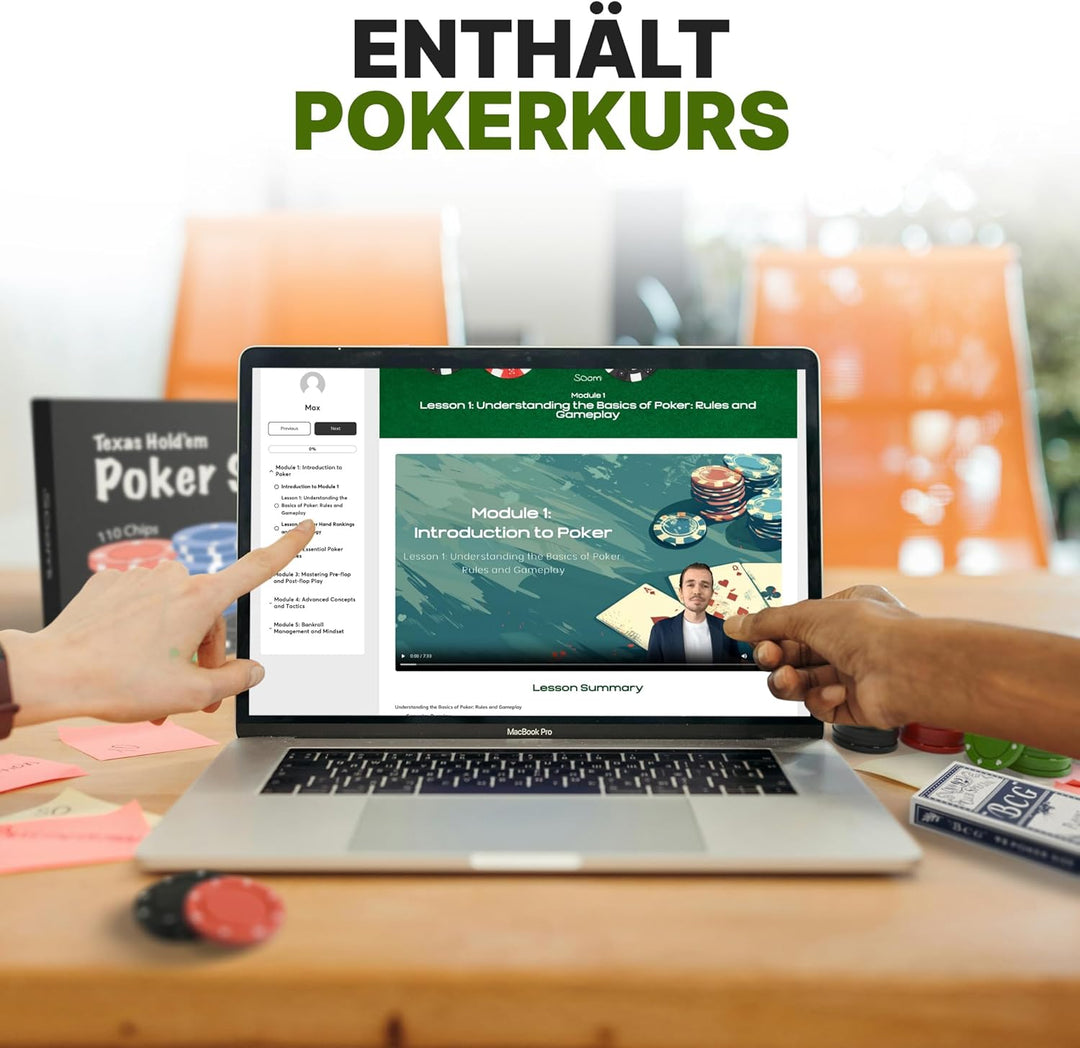 Pokerset in kompakter Grösse mit 110 Chips, Dealer Button, Big & Small Blind Buttons und Spielkarten