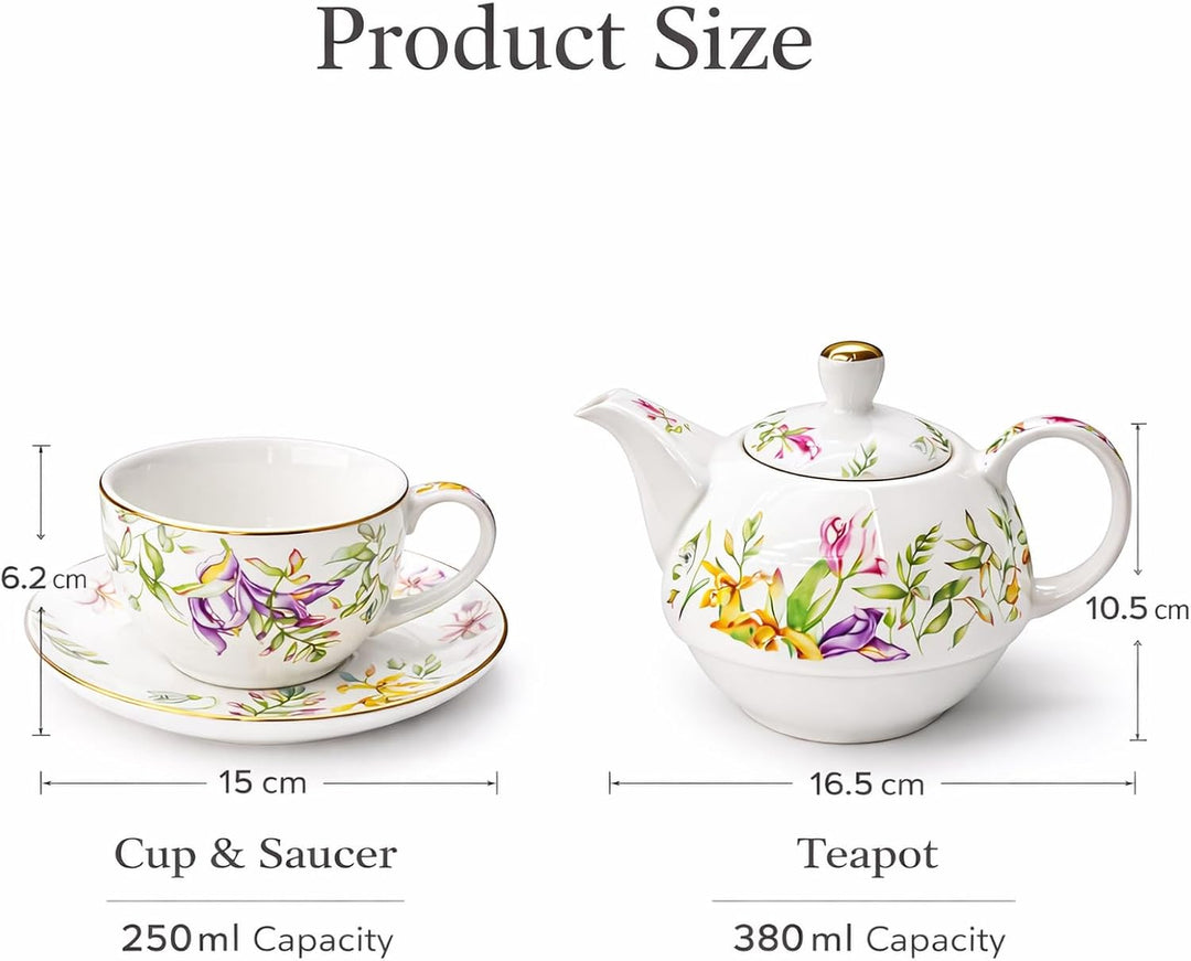 Porcelain Tea for One Set Beautiful Flower Ceramic Teapot with Cup Gifted Box (Tulip), Tulip