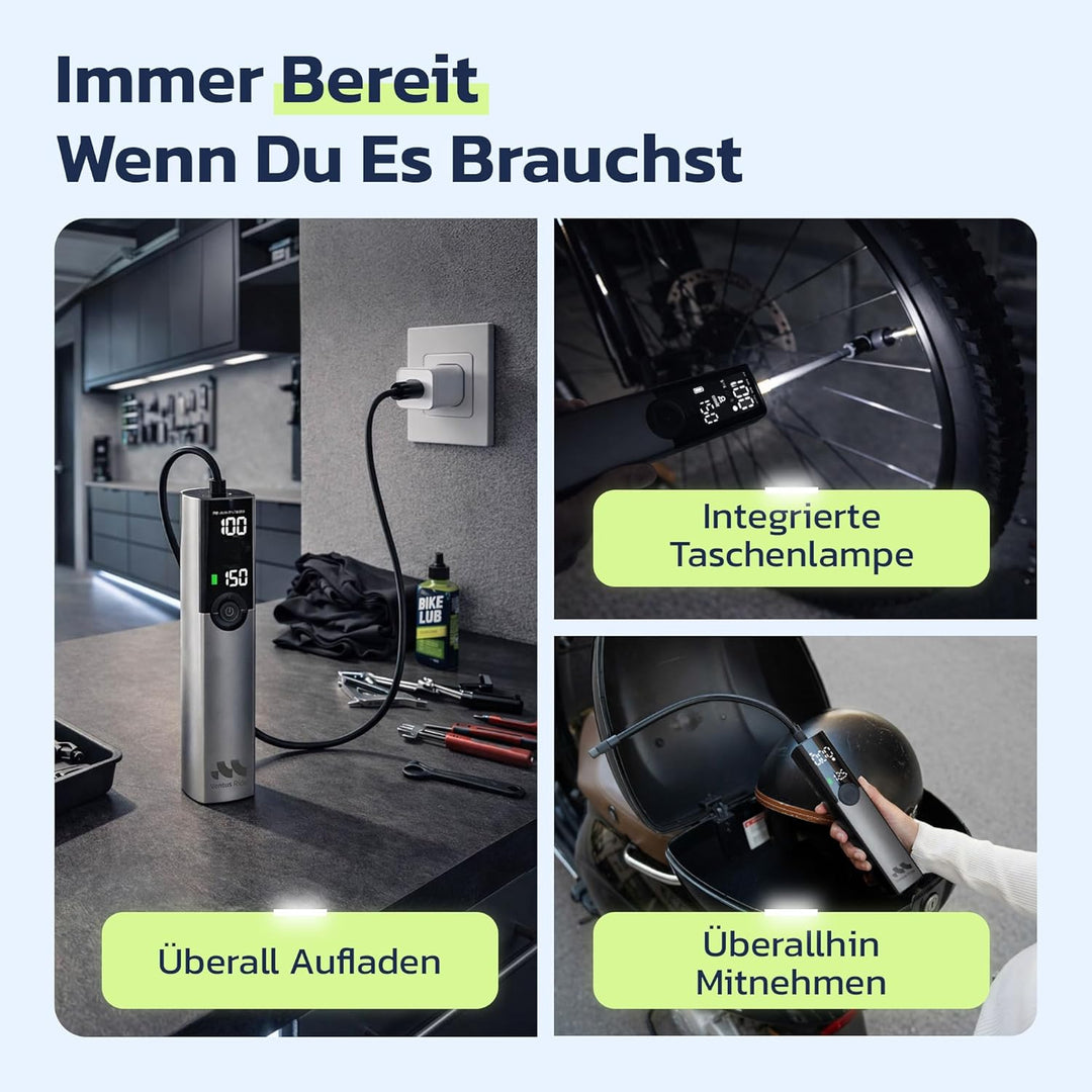 Woowind Ventus Ride Fahrradpumpe, 150 PSI/10,3 Bar, Elektrische Luftpumpe, Aufpumpen in 1 Minute, Ak