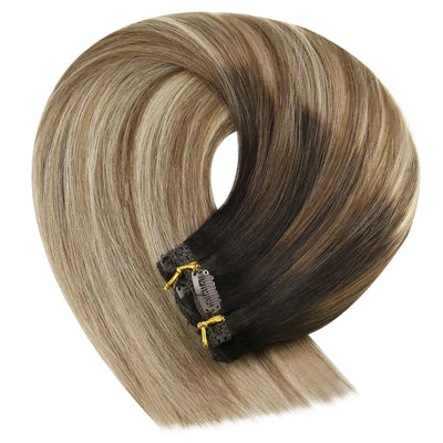 YoungSee Clip in Extensions Echthaar Balayage 40 cm Echthaar Clip in Extensions Braun Ombre Blond mi