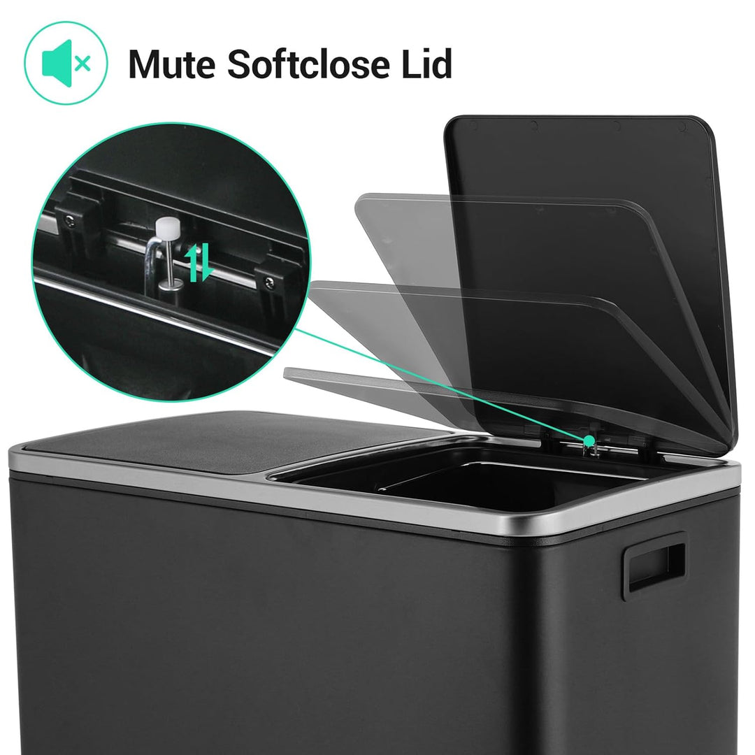 LIFERUN Mülleimer 2 Fächer, Abfalleimer Küche 60L (2x 30 Liter), aus Metall, mit Softclose Deckel, 2