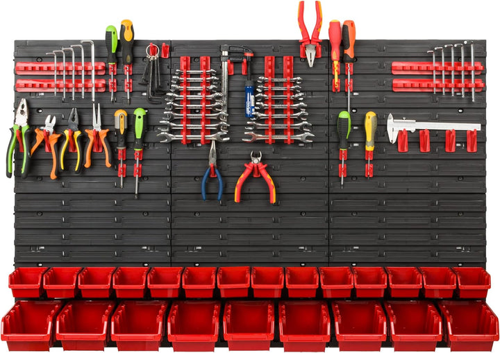 Lagersystem Werkstattregal | 117 x 78 cm | 23 stck. Box | Wandregal mit Werkzeughalterungen und Stap