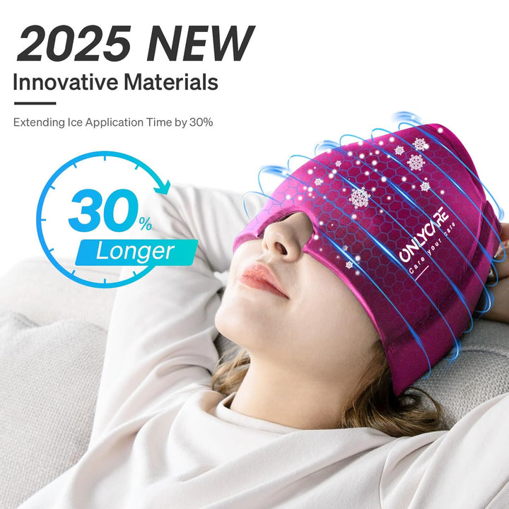 ONLYCARE Migräne Maske, Upgraded Kühlmaske Schlafmaske Kühlmütze Kühlhaube 360° Gel Surround kühlpad