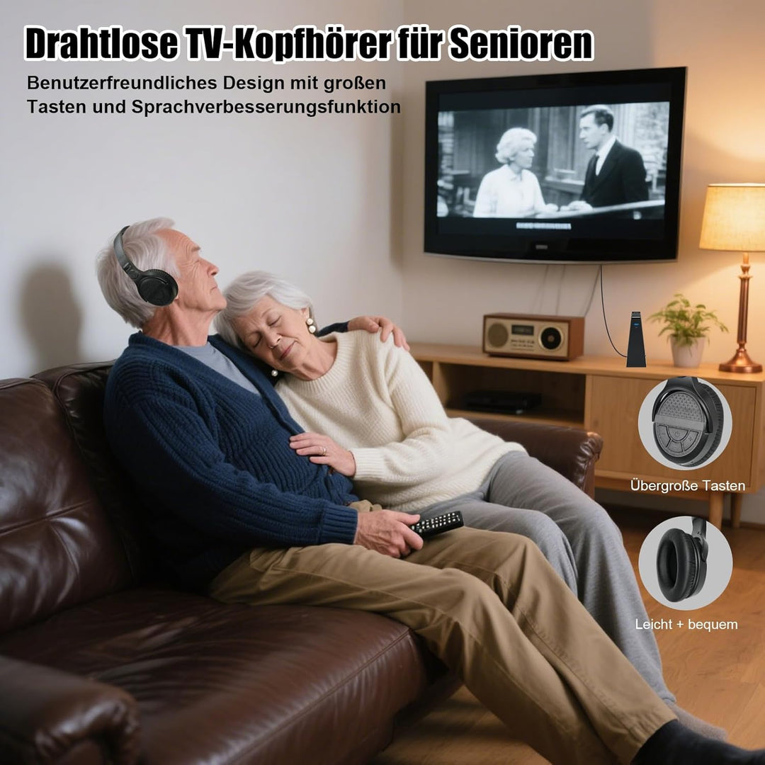 Kabellose TV-Kopfhörer mit Ladestation, kabelloser Kopfhörer zum Fernsehen, grosse Lautstärkeregler