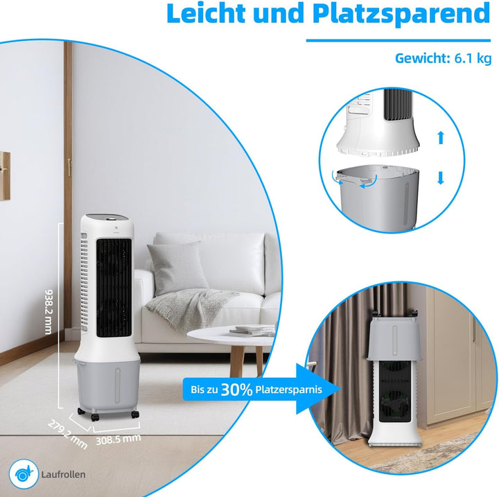 BE COOL Premium Turmluftkühler mit 10L Wassertank & WLAN – 38W, 24 Geschwindigkeiten, 3 Windmodi, 12