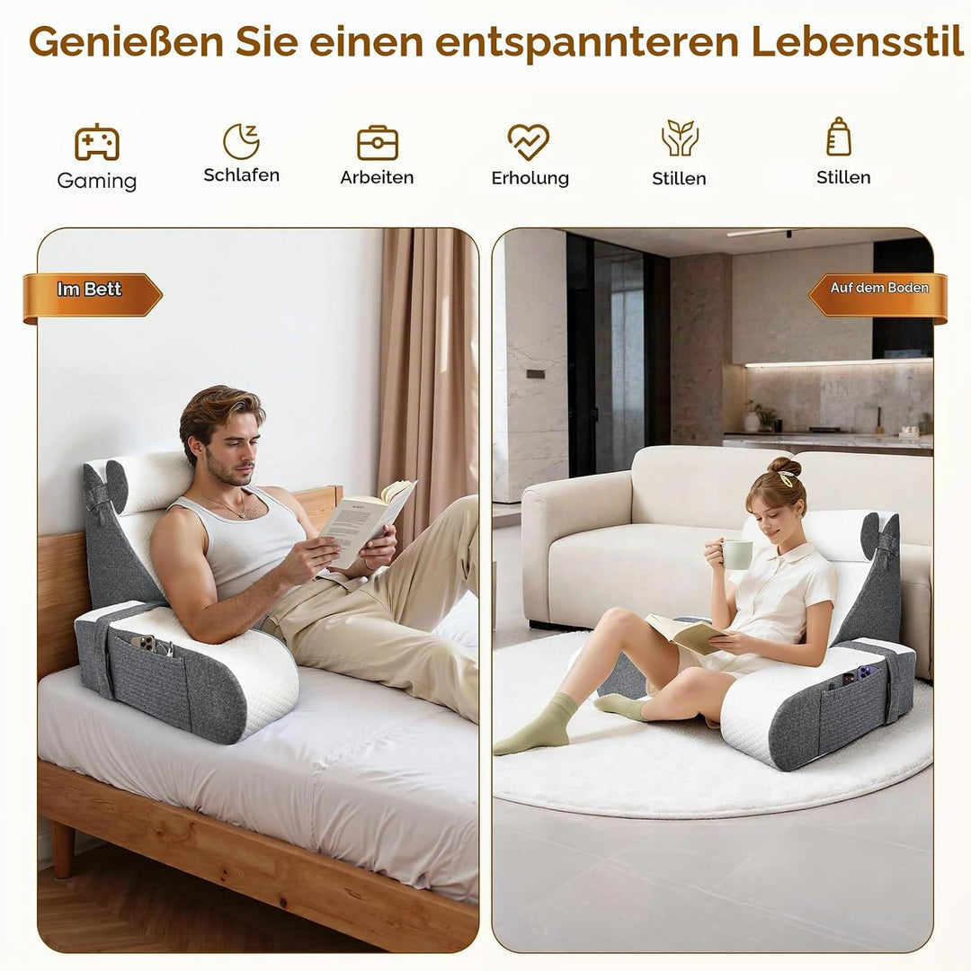 Lesekissen mit Abnehmbarer Nackenrolle &amp; Armlehne, Ergonomisches Rückenkissen Bücherkissen mit Stora