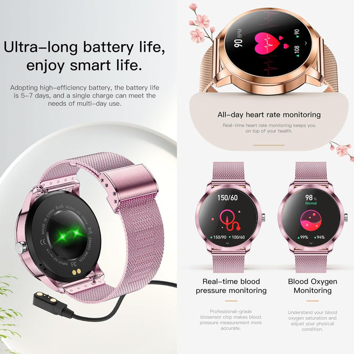 Smartwatch Damen mit Telefonfunktion, 1,09” Fitnessuhr mit 123 Sportmodi, Pulsmesser, Schlafmonitor,