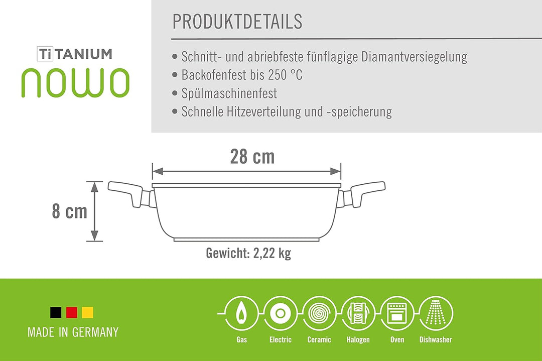 Woll Nowo Titanium Kasserolle, Ø 28 cm, 8 cm hoch, 4.5 Liter, mit 2 Seitengriffen - Geeignet für Cer
