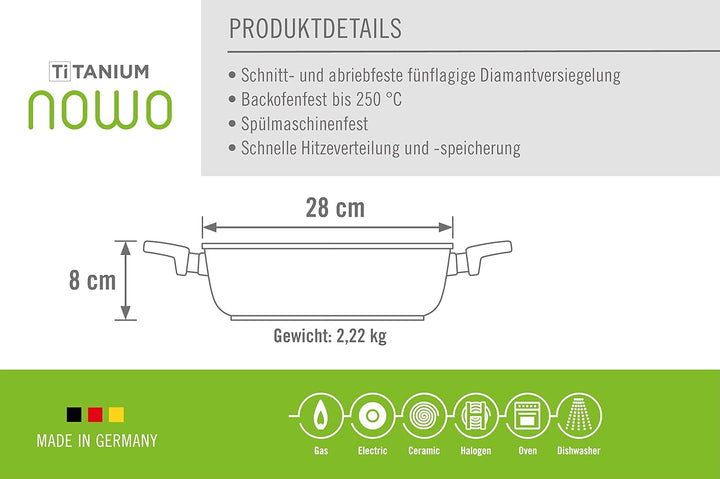 Woll Nowo Titanium Kasserolle, Ø 28 cm, 8 cm hoch, 4.5 Liter, mit 2 Seitengriffen - Geeignet für Cer