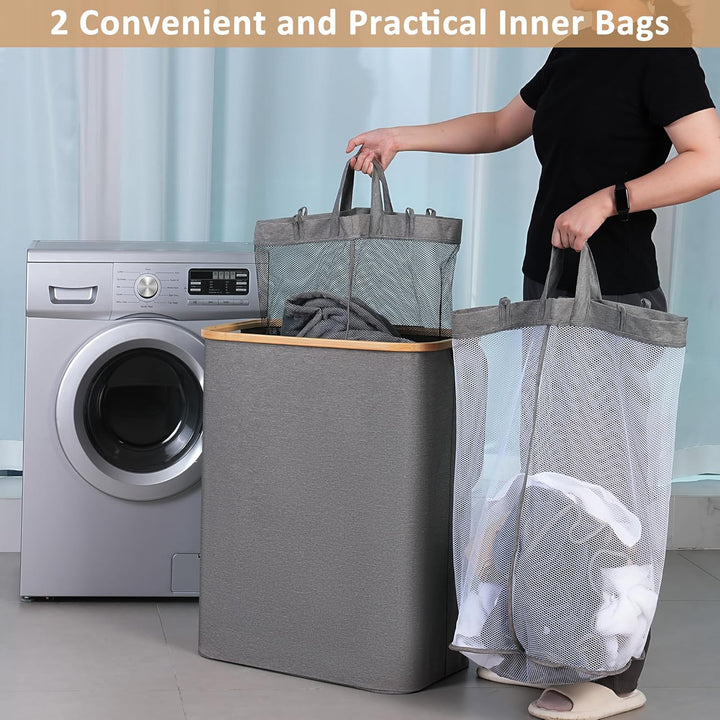 iEGrow Wäschekorb 2 Fächer 150L, Grosse Wäschekörbe für Wäsche mit herausnehmbaren und waschbaren In