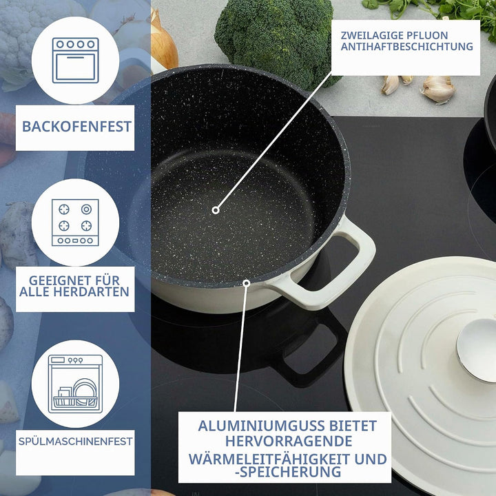 Commichef Flache Kasserolle, Auflaufform, Schwarz, Aluminiumguss, Mit Deckel, 32cm Durchmesser, 6 Li