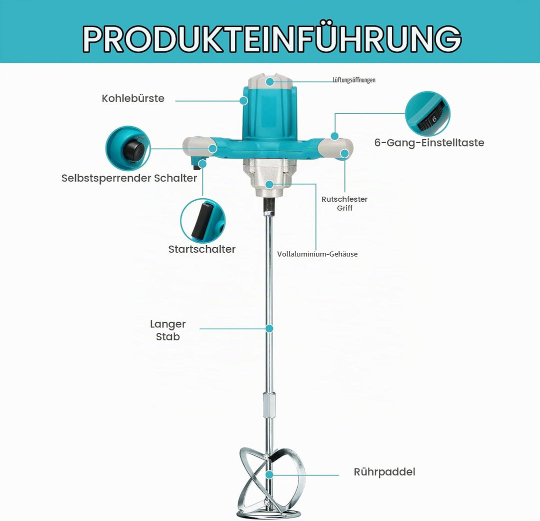 Elektrischer Hand-Zementmischer, 2100 W elektrischer Betonmischer mit 6 Geschwindigkeiten, 220 V Han