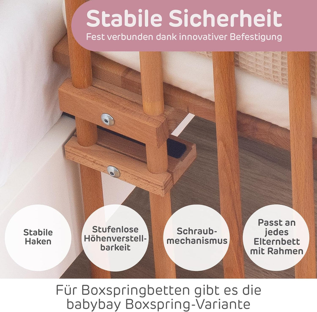babybay Maxi extra grosses Beistellbett aus massivem Buchenholz/Kinderbett Höhe stufenlos verstellba