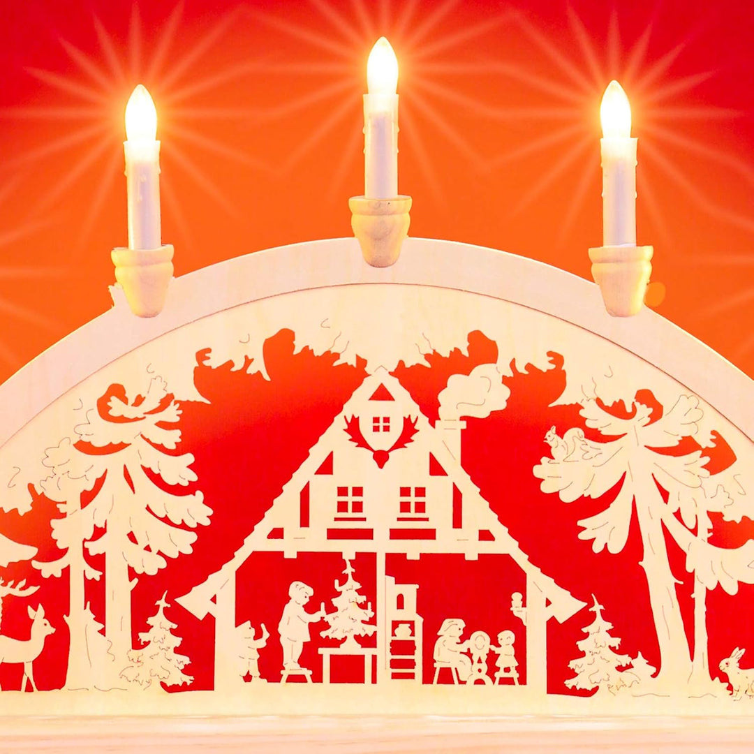 Sikora LB57-7 klassicher Holz Schwibbogen beleuchteter Lichterbogen mit 7 Kerzen Motiv WALDHAUS Deko