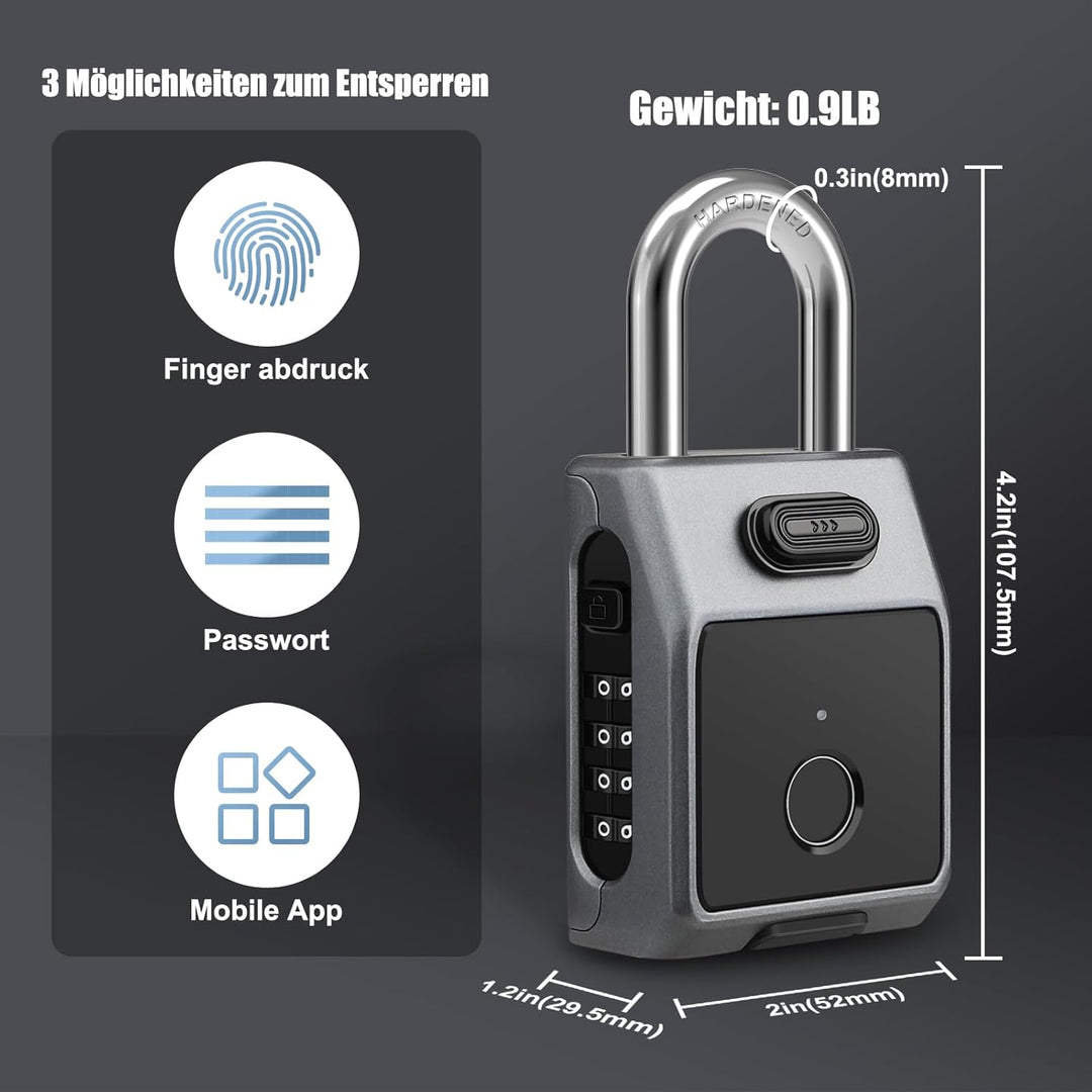 Diyife Fingerabdruck Schloss Zahlenschloss, [3 in 1] Grosses Smart Vorhängeschloss mit APP/Fingerabd