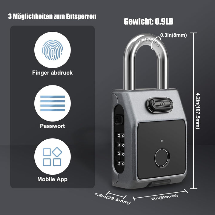 Diyife Fingerabdruck Schloss Zahlenschloss, [3 in 1] Grosses Smart Vorhängeschloss mit APP/Fingerabd