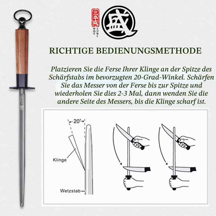 MITSUMOTO SAKARI 44 cm Japanischer Professioneller Messerschärfer Stab, Wetzstab aus Hochwertigen Di