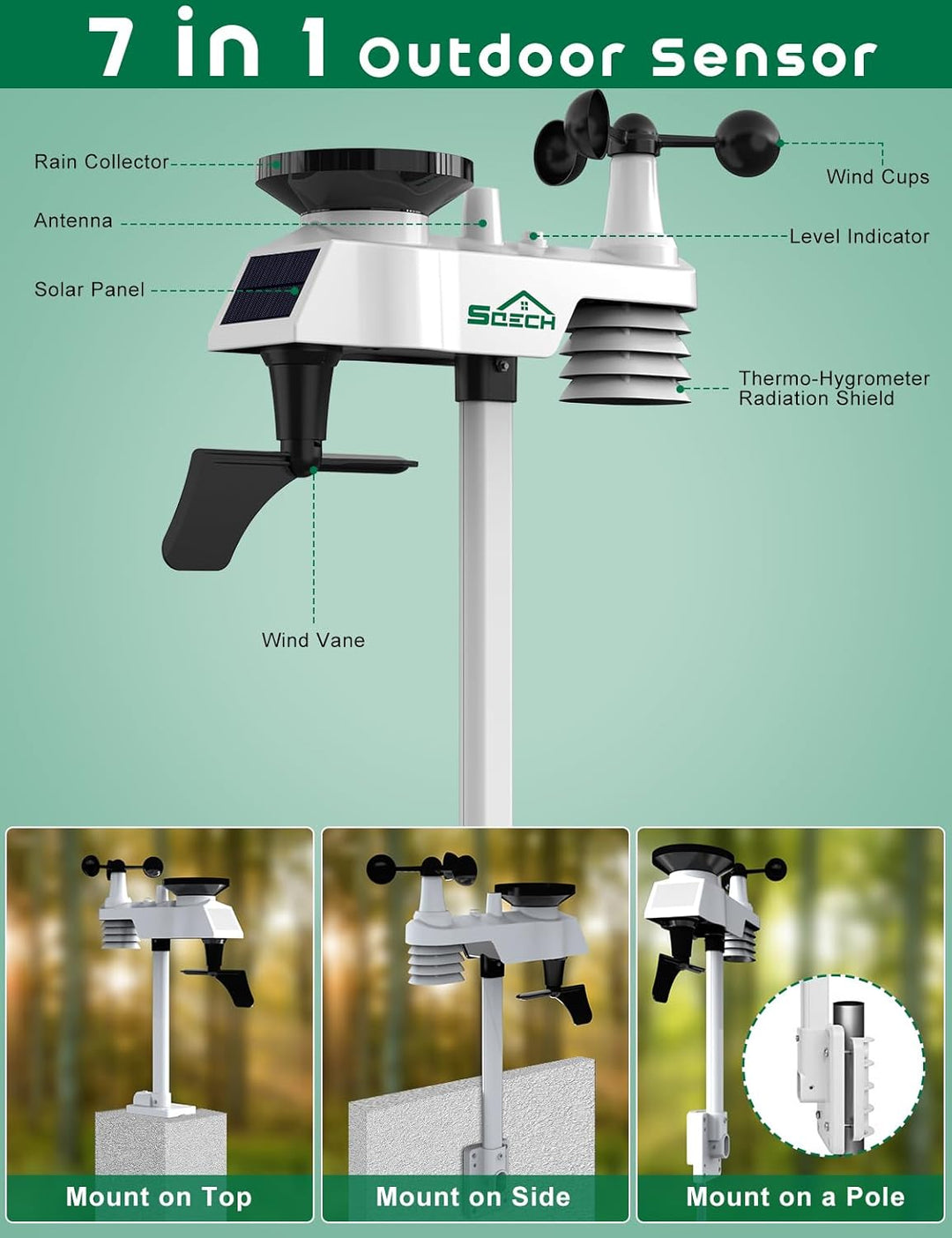 SQECH Wetterstation Funk mit Windmesser und Regenmesser, Aussensensor, 7-in-1 Wetterstationen Innen