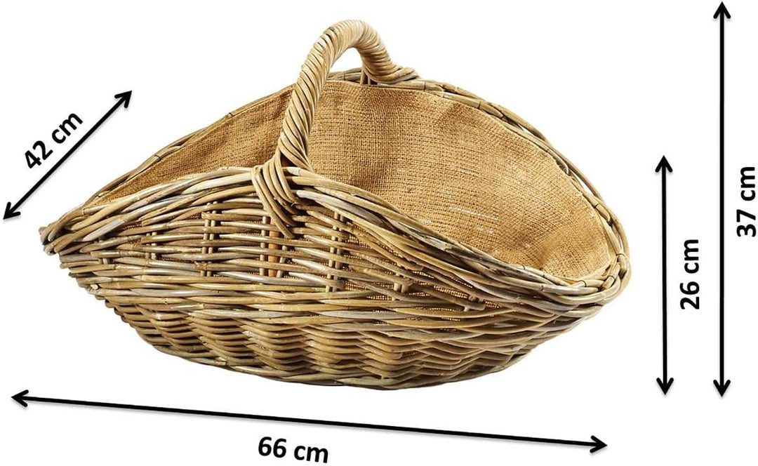 Kobolo Holzkorb für Kaminholz oval Kubu grey aus Rattan mit Henkel und Jute ausgeschlagen Grau Jute,