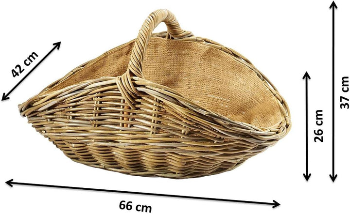 Kobolo Holzkorb für Kaminholz oval Kubu grey aus Rattan mit Henkel und Jute ausgeschlagen Grau Jute,