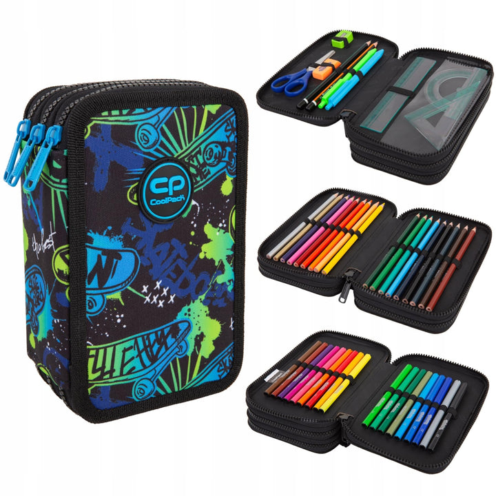 CoolPack Schulstiftetui 3-Fach Federtasche Federmappe Skate Night Motiv, 44-teilig gefüllt, Polyeste