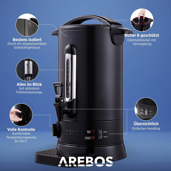 Arebos Glühweinkocher 1650W |Heissgetränkespender| 20L| Auffangschale,Auslasshahn,Thermostat,Überhit