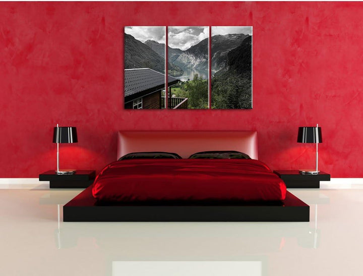 Pixxprint Hütte in schöner Umgebung B&W Detail 3-Teiler Leinwandbild 120x80 Bild auf Leinwand