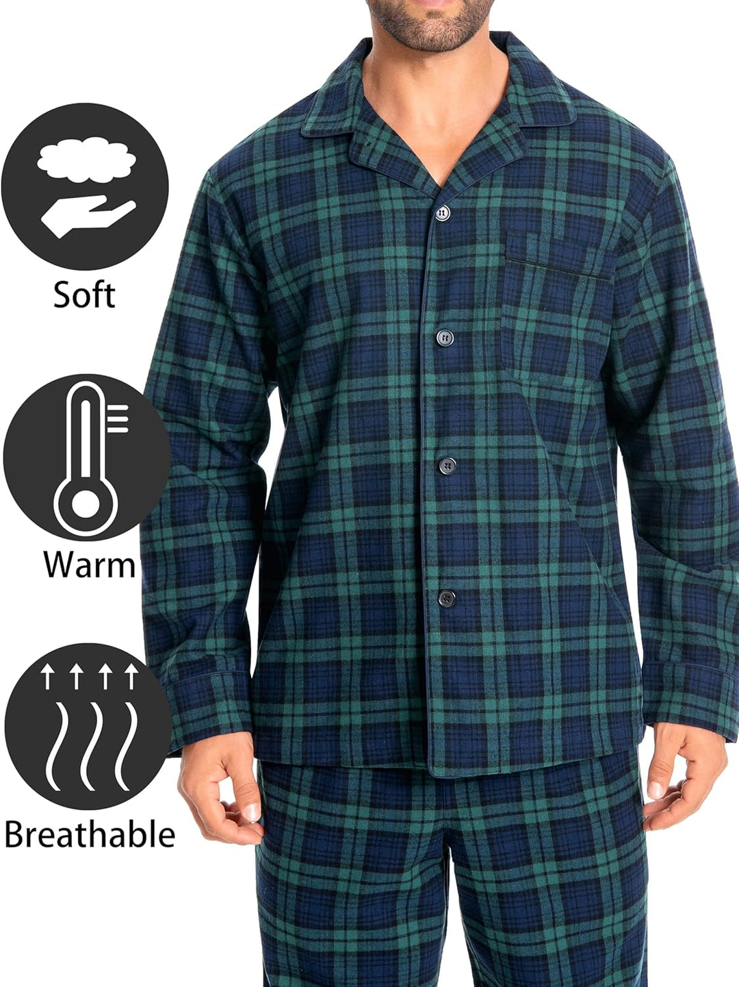 Nutria Herren Schlafanzug Flanell, 100% Baumwolle Karierter Pyjama Set Weich Warm Loungewear Nachtwä