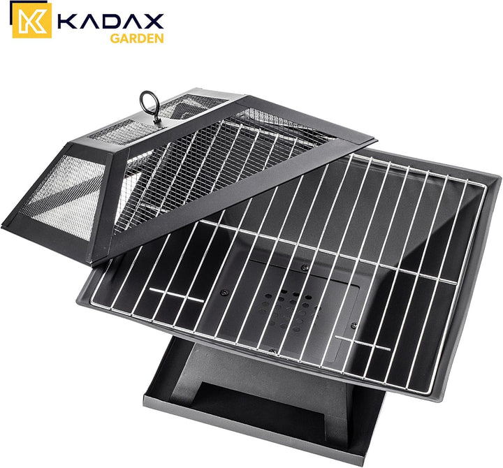 KADAX Feuerschale aus Stahl, 46 x 36 cm, Feuerkorb mit Funkenschutz, Schürhaken und Grillrost, Outdo