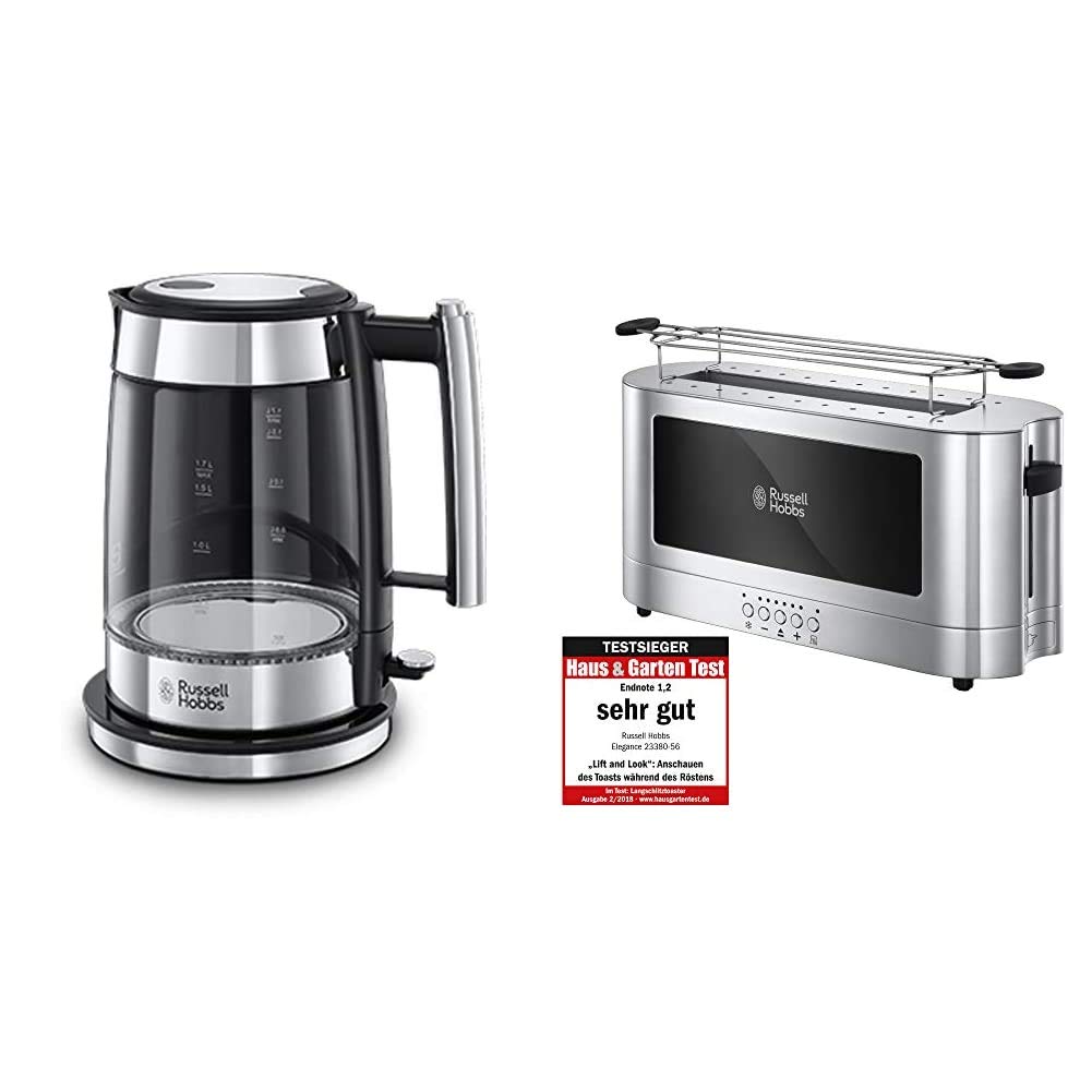 Russell Hobbs Wasserkocher, Glas Elegance, 200W & Toaster Langschlitz Elegance Glas/Edelstahl, inkl.