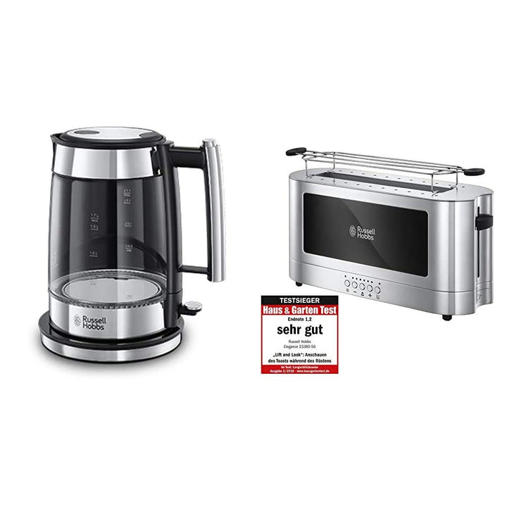 Russell Hobbs Wasserkocher, Glas Elegance, 200W & Toaster Langschlitz Elegance Glas/Edelstahl, inkl.