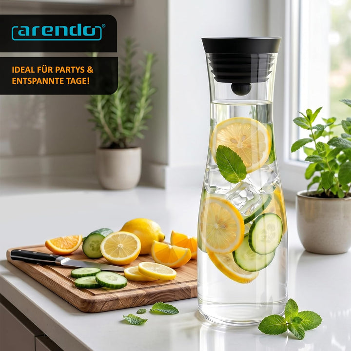 Arendo - Wasserkaraffe mit Deckel 1700 ml, Glaskaraffe mit Deckel und integriertem Grobfilter aus Ed