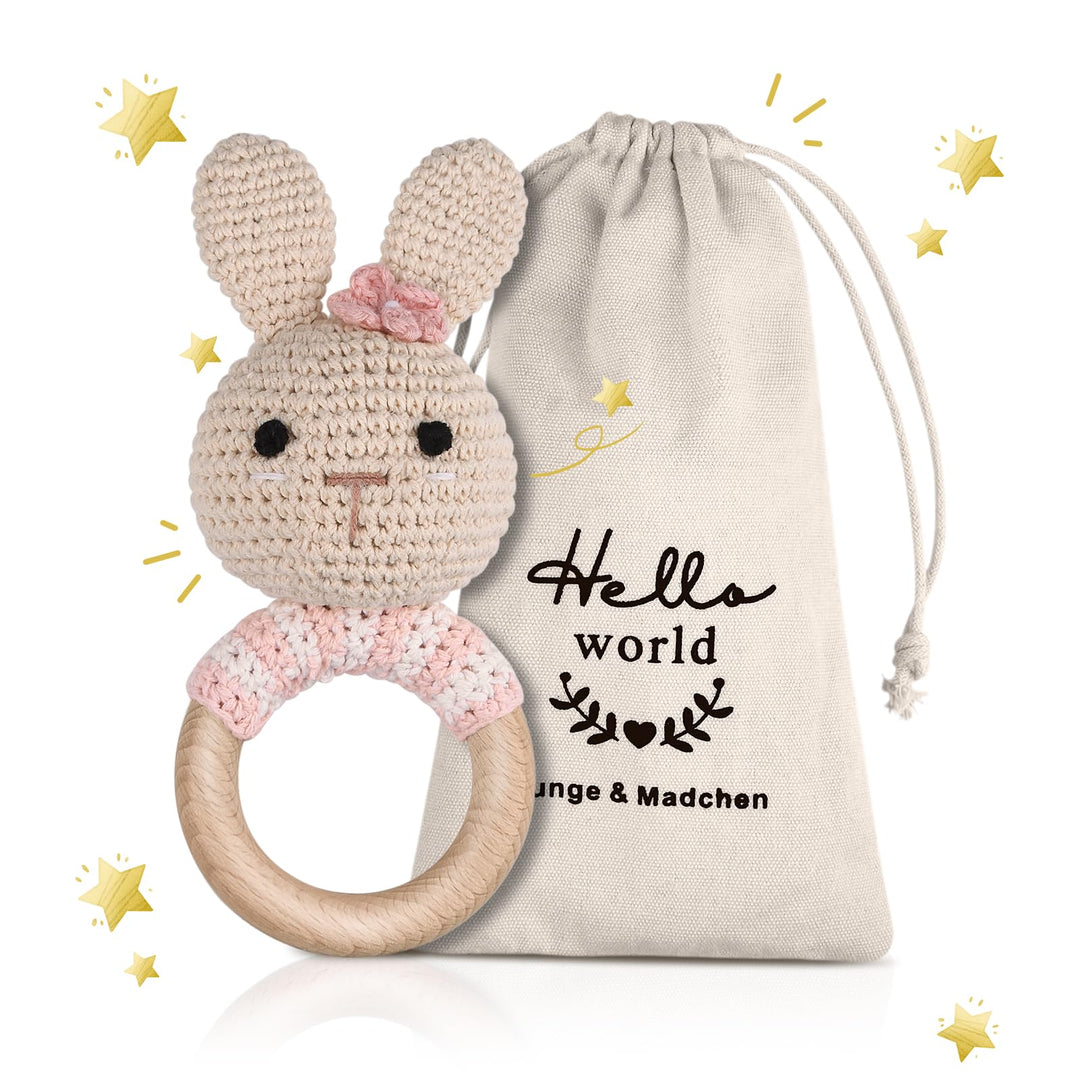 Gehäkelte Babyrassel - Häkeln Holz Greifling Handmade geschenk zur geburt Mädchen und Junge Geschenk