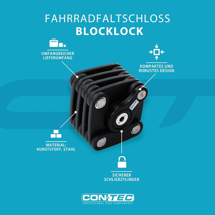 CONTEC Fahrrad-Faltschloss BlockLock, Länge 64 cm, Aus gehärtetem Stahl, Mit Halterung, Hochsicher,