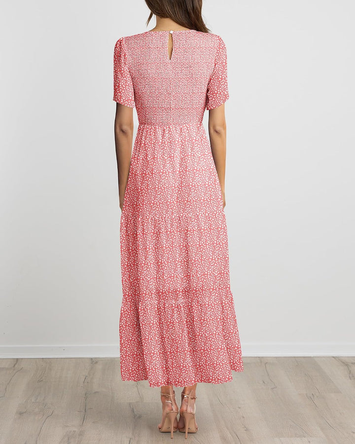 BTFBM Lässiges Sommerkleid für Damen, kurzärmelig, mit Rundhalsausschnitt, Boho-Stil, mit Blumendruc