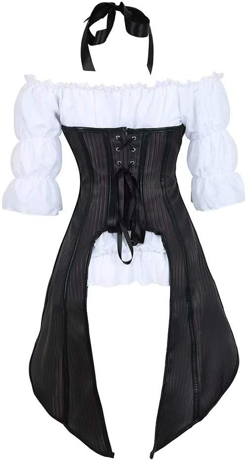 Josamogre Steampunk Korsett Corsage Damen Corset Bustier Set Kostüm Mit Piratenbluse Schwarz, 3-teil