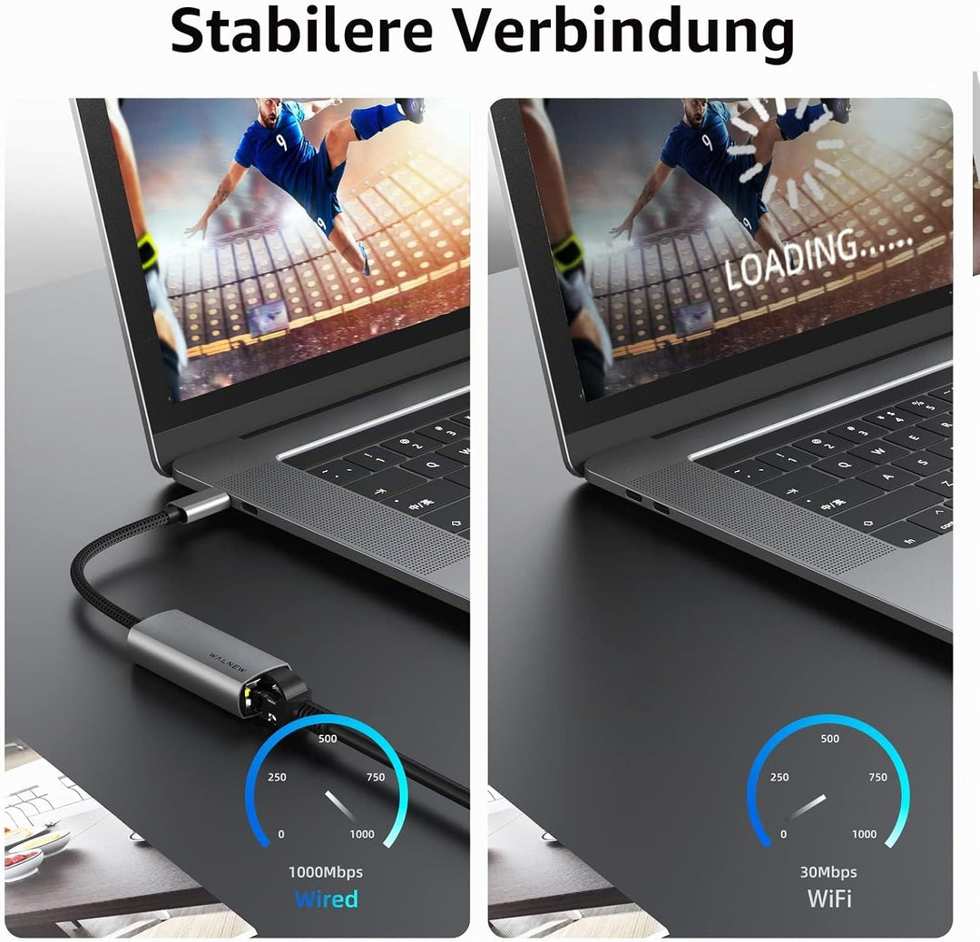 USB C auf Ethernet Adapter, WALNEW Typ C auf RJ45 Gigabit Ethernet Adapter, USB-C Thunderbolt 3 auf
