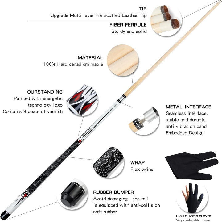 11/11.5/12/12.5/13MM Pool Cue Stick Set - 58 inch Maple Billiard Pool Stick Kit, 1/2 Cue Stick, Whit