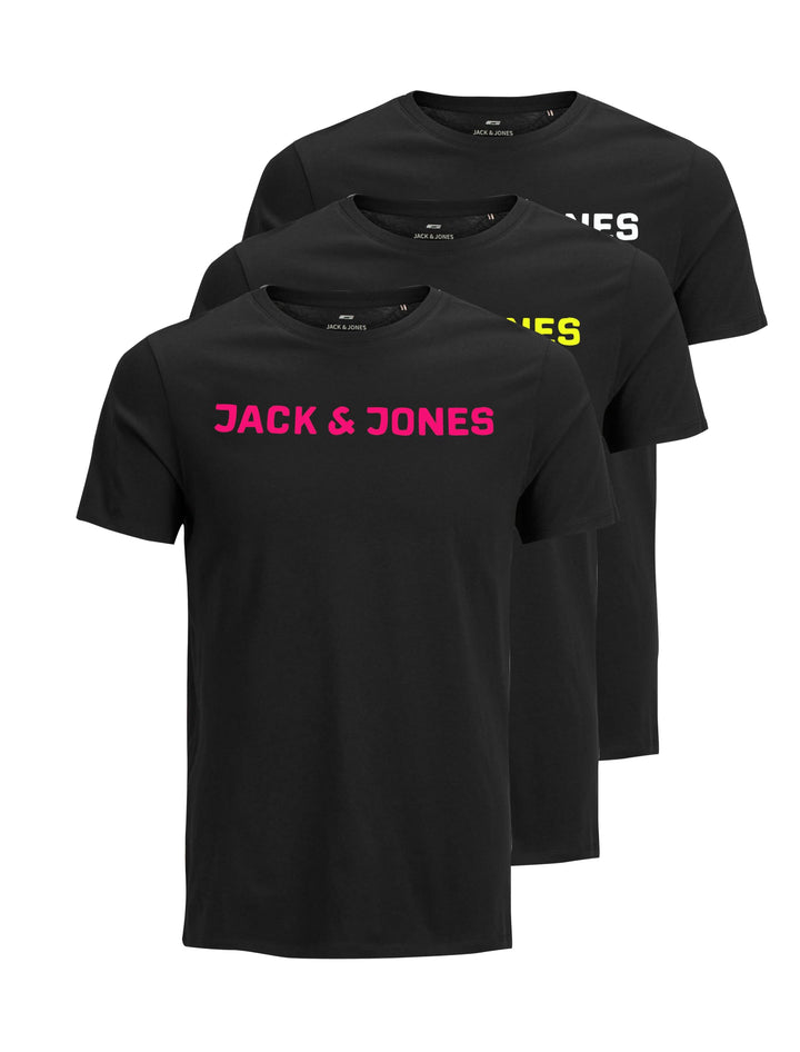 JACK & JONES Herren T-Shirt (3er Pack) S 3er Pack (3x Schwarz mit Neon), S 3er Pack (3x Schwarz mit