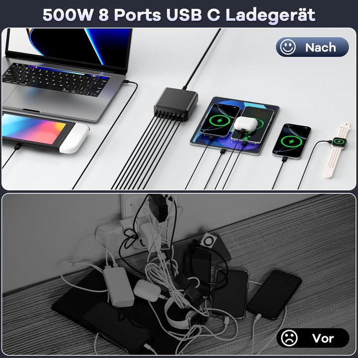 500W USB C Ladegerät Mehrfach, GaN V 8 Ports USB Ladegerät Mehrfach, 500W 8-Port Schnellladegerät Ko