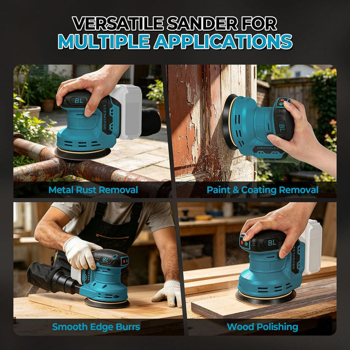 Akku-Exzenterschleifer kompatibel mit Makita, 125 mm, bürstenlos | 9700–19000 U/min – inkl. 25 Schle