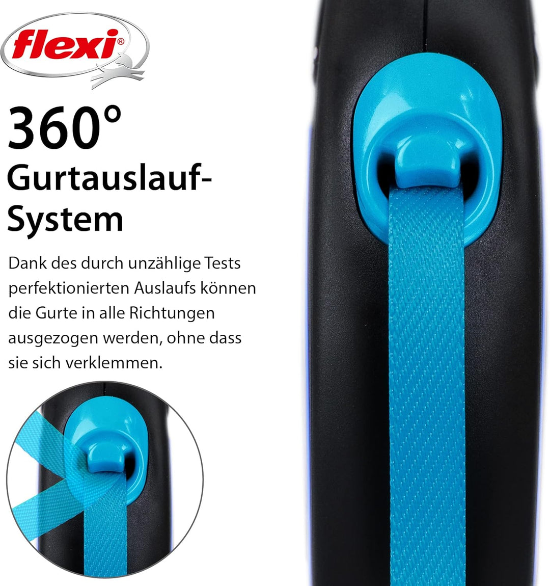 flexi® Neon S Gurt 5 m schwarz, neon-Blauer Gurt, reflektierende Seitenfläche, Roll-Leine für Hunde