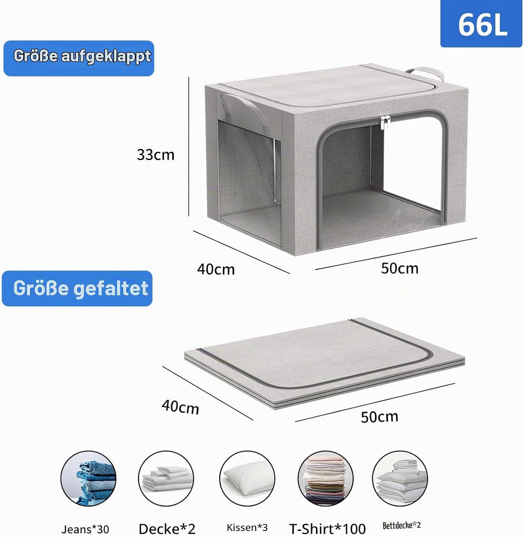 FUSACONY 2 Stück Aufbewahrungsbox kleidung, Faltbare Kleideraufbewahrung Box mit Metallrahmen und 3