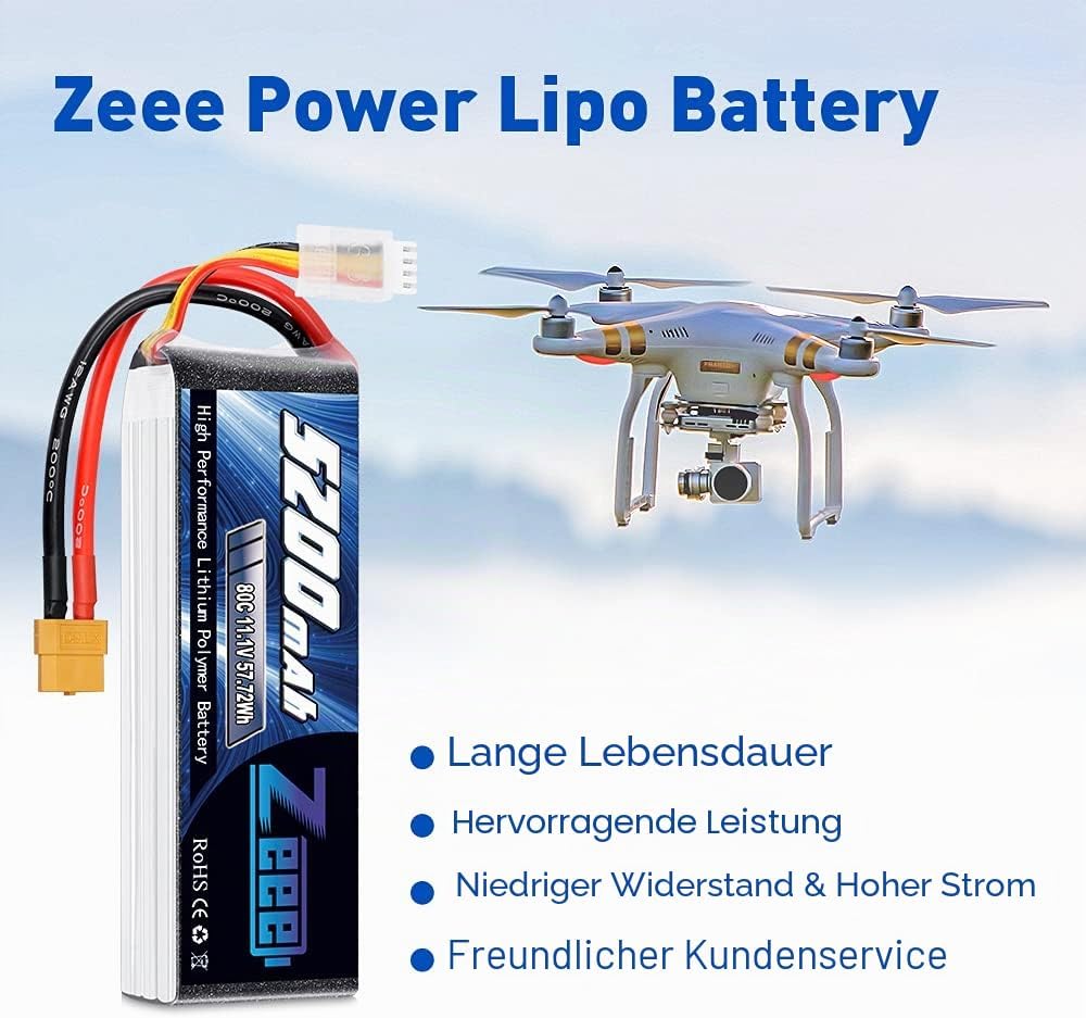 Zeee 3S LiPo Akku 5200mAh 11,1V 80C mit XT60 Steck für RC Auto, RC Flugzeug, RC Hubschrauber, RC Hob
